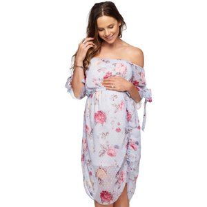 Off-Shoulder Floral Maternity Dress in Light Blue and Pink